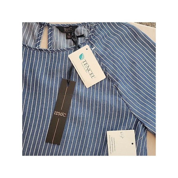 Chambray Striped Blouse Raglan Hem Ruffle Sleeve Small‎ - Picture 6 of 7